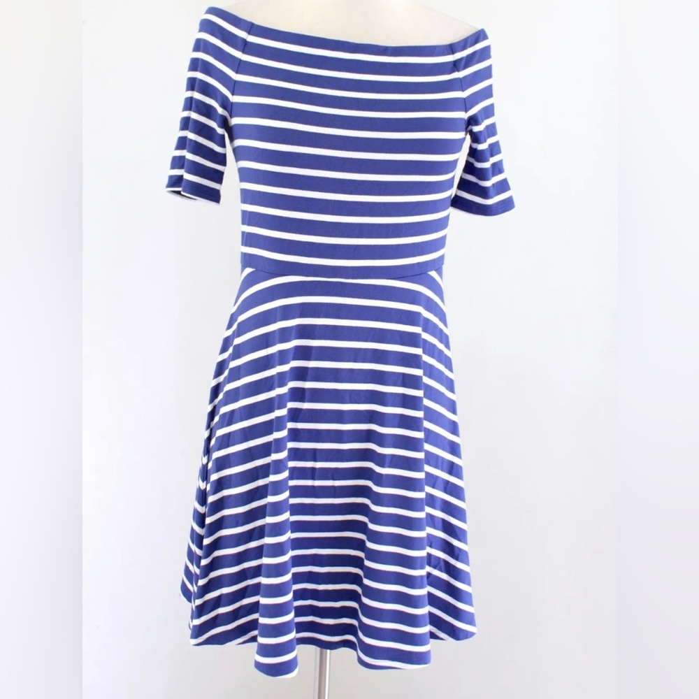 White House Black Market off shoulder stripe dress, large navy nautical skater